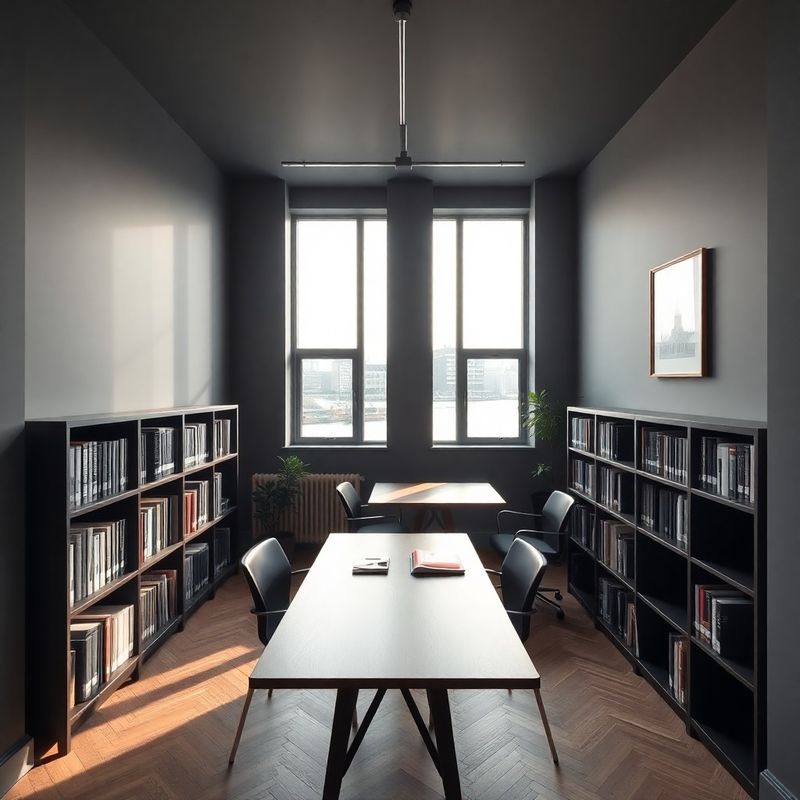 Rustig kantoorinterieur in Utrecht met leigrijze muren en houten boekenkasten
