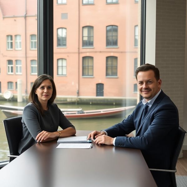 Twee adviseurs aan een vergadertafel met uitzicht op een Utrechtse gracht